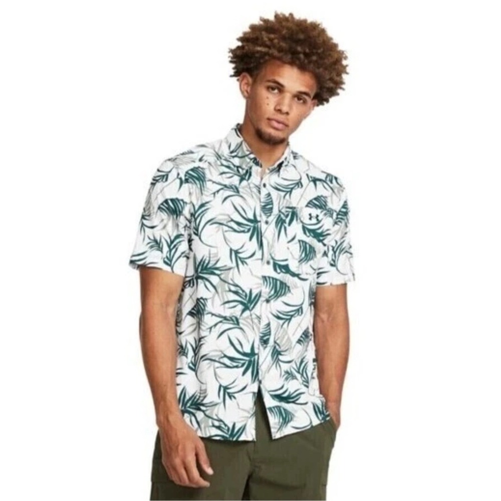Under Armour Shirt Mens 2XL White Green Tropical Palm Leaf Button Up 1376577